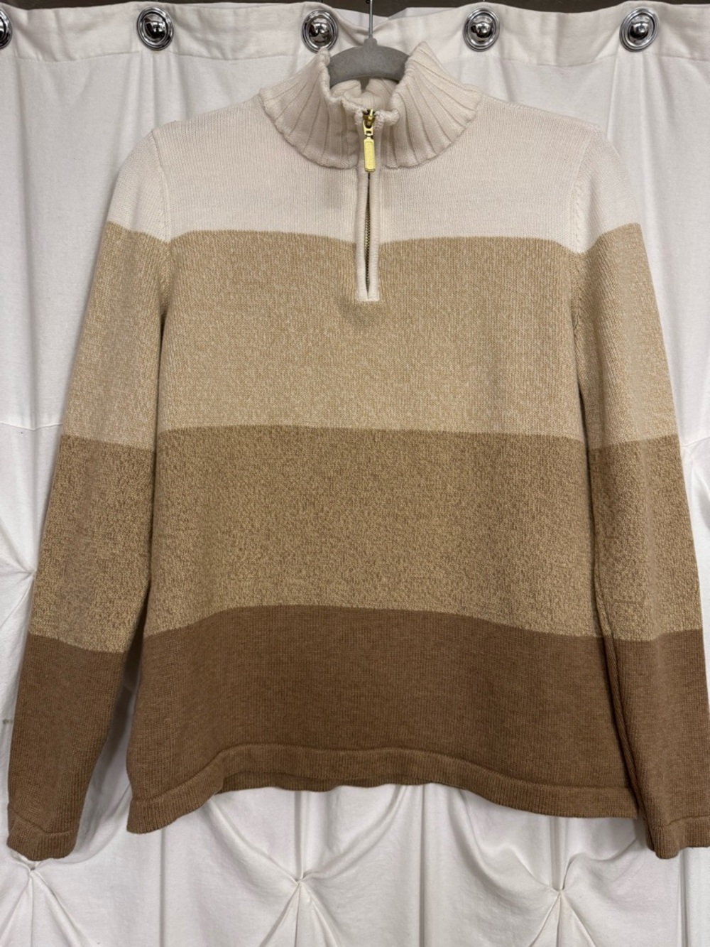 Karen Scott Two-Tone Cream and Tan Half-Zip Sweater Small